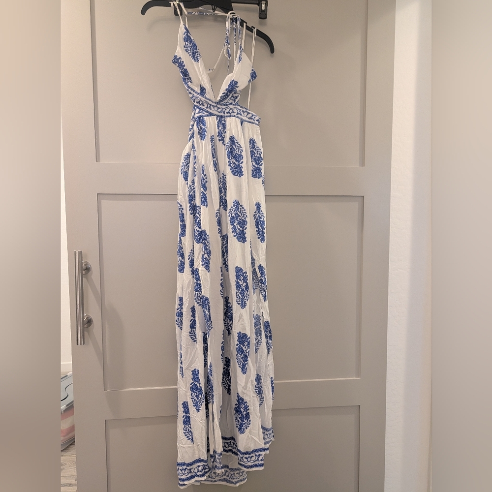 Elegant White and Blue Floral Maxi Dress